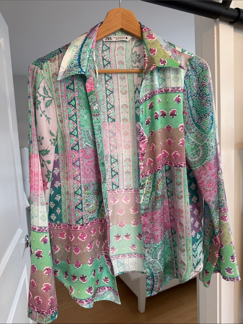 Zara Pink, Green & Cream Patchwork Button-Down Shirt